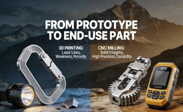 Beyond the limitations of 3D printing How CNC milling can improve outdoor gear performance by 85% Comparison between a failing 3D printed part with visible layer lines and a high- precision CNC machined outdoor gear component, demonstrating the superiority of CNC milling for durable adventure equipment.