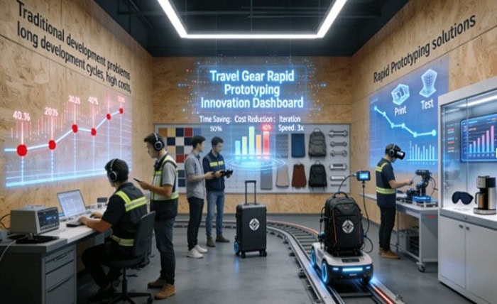 From Digital Design to Physical Product: How Rapid Prototyping Accelerates Travel Gear Innovation for Nomadic Entrepreneurs Travel gear rapid prototyping innovation dashboard showing 50% faster development, 40% cost reduction, and 3x iteration speed for nomadic entrepreneurs
